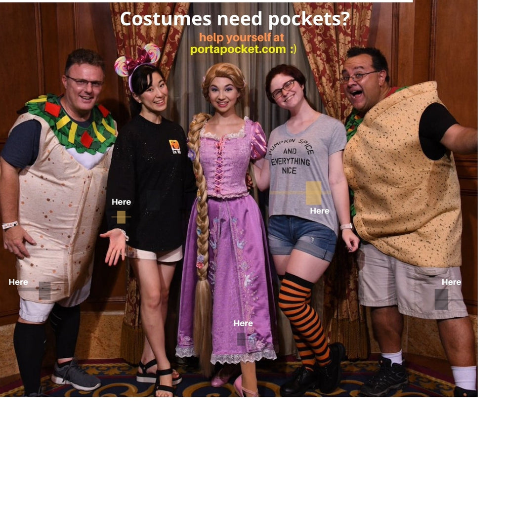 men & wome in costumes showing where hidden pockets are located under their clothing
