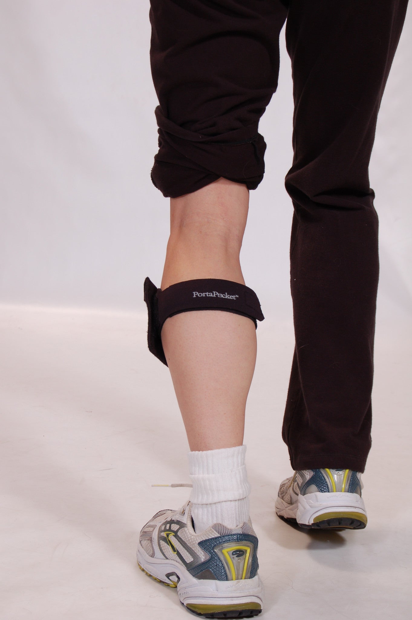 PortaPocket pocket around calf is easy to conceal under yoga pants, leggings