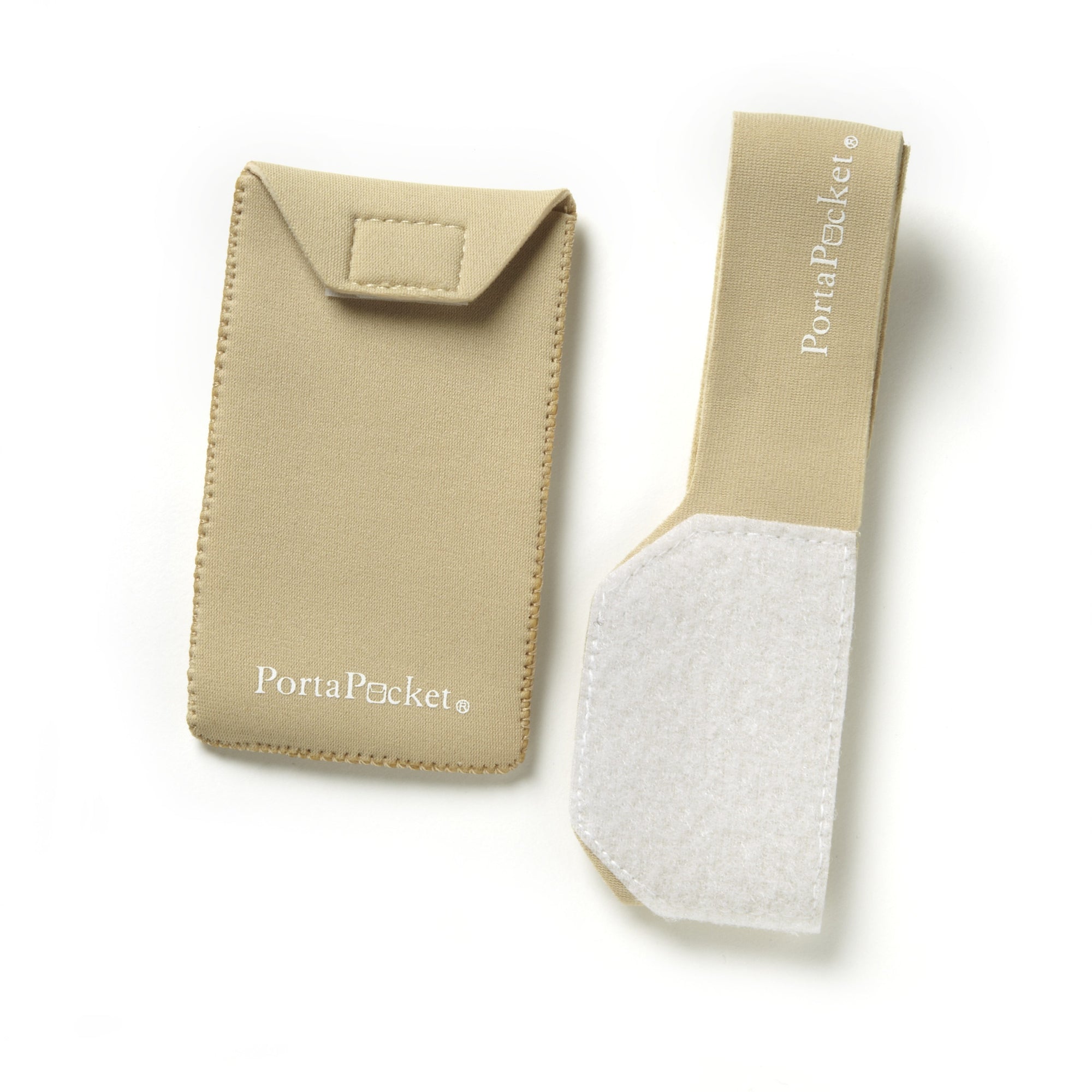 Beige neoprene medium -sized pocket and adjustable 18" band; detachable pocket has belt loop mountings and is 2.875" x 5"