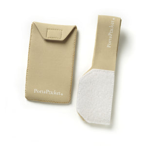 Beige neoprene medium -sized pocket and adjustable 18" band; detachable pocket has belt loop mountings and is 2.875" x 5"