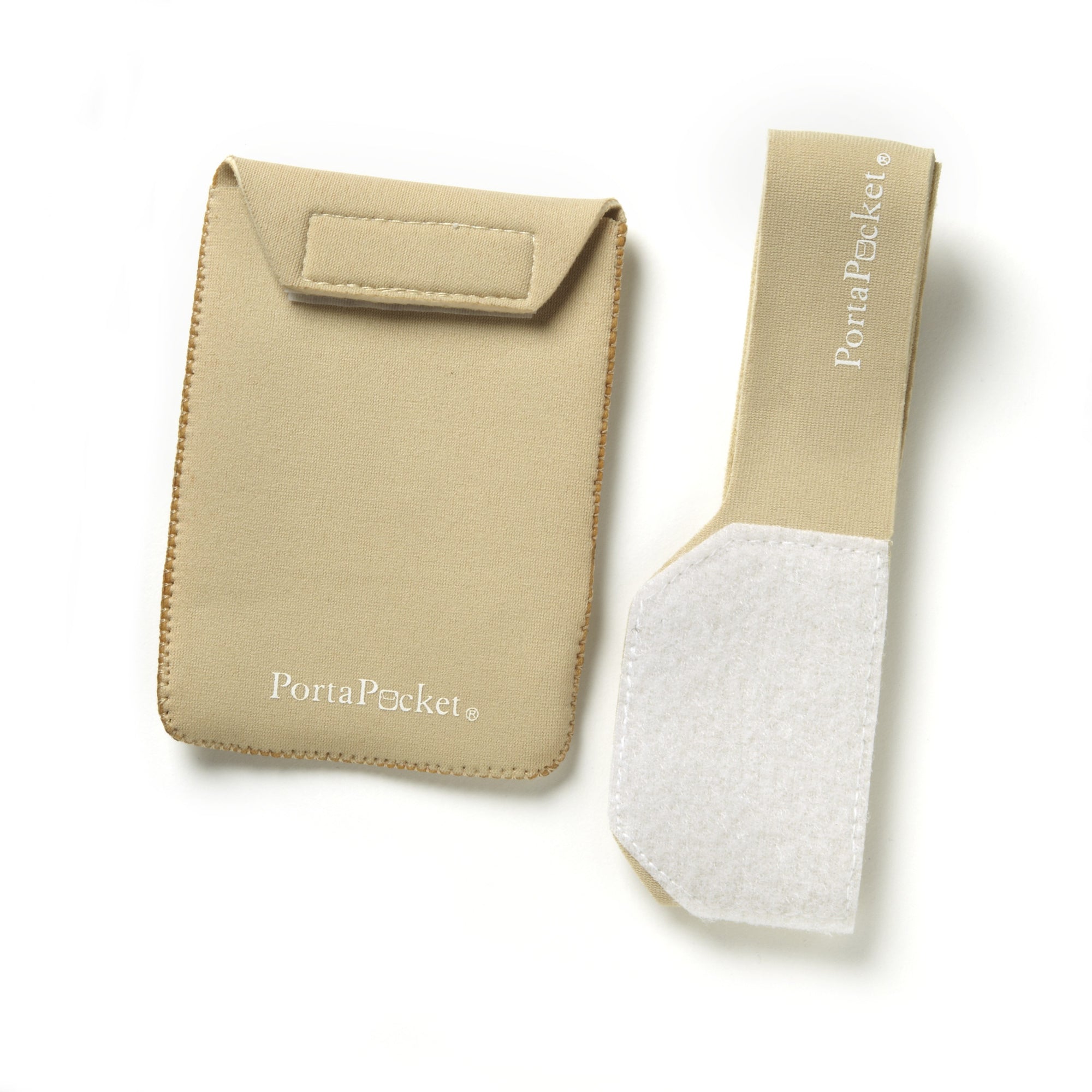 Beige neoprene passport-sized pocket and adjustable 18" band; detachable pocket has belt loop mountings