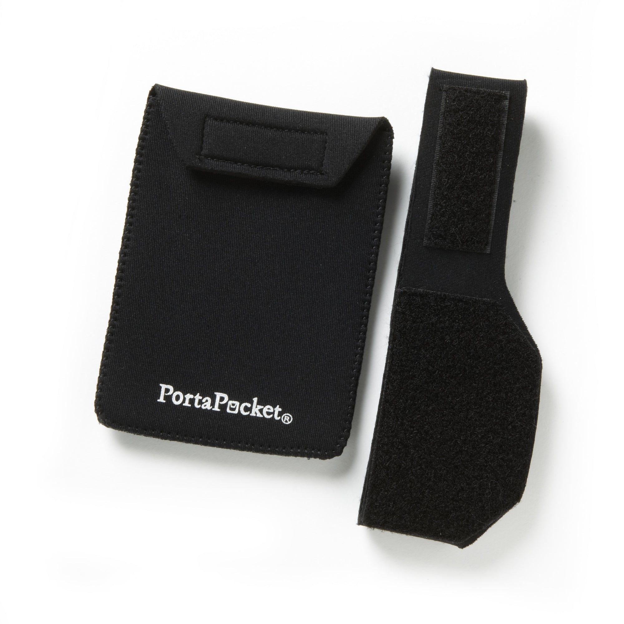 Black neoprene passport-sized pocket and adjustable 18" band; detachable pocket has belt loop mountings