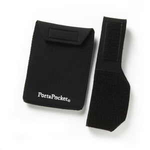 Black neoprene passport-sized pocket and adjustable 18" band; detachable pocket has belt loop mountings