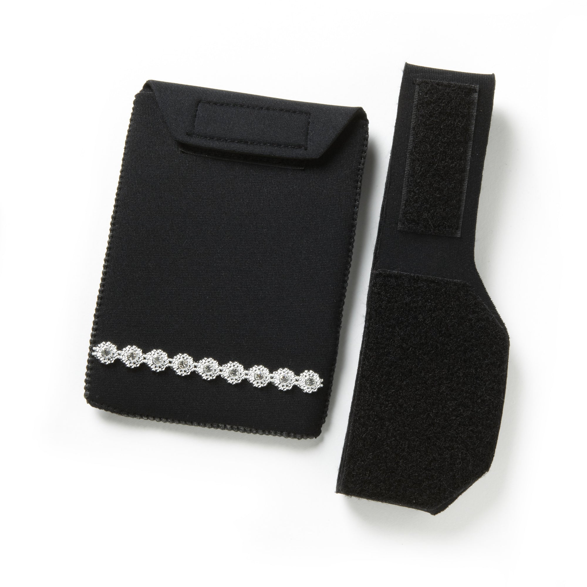 2 pc PortaPocket kit: black neoprene adjustable 18" strap / band and slip-on detachable passport sized pocket having single strand white sparkle bling 